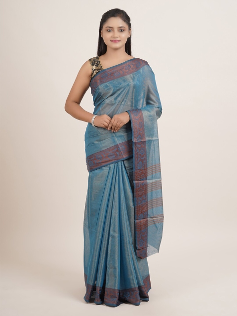 

Pothys Cotton Blend Blue Woven Design Floral Border Saree