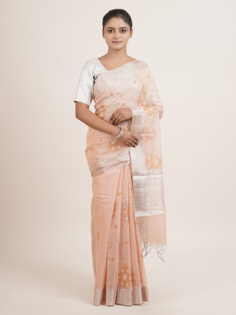 

Pothys Peach-Coloured & Silver-Toned Ethnic Motifs Tissue Saree