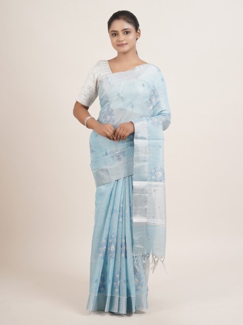 

Pothys Blue Ethnic Motifs Embroidered Tissue Saree