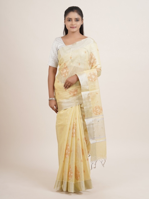 

Pothys Yellow & Brown Ethnic Motifs Beads and Stones Details Tissue Saree
