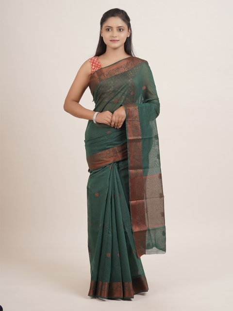 

Pothys Green & Bronze-Toned Woven Design Floral Border Saree