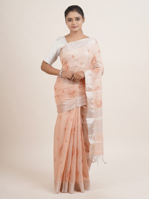 

Pothys Women Peach & Silver-Toned Ethnic Motifs Embroidered Saree
