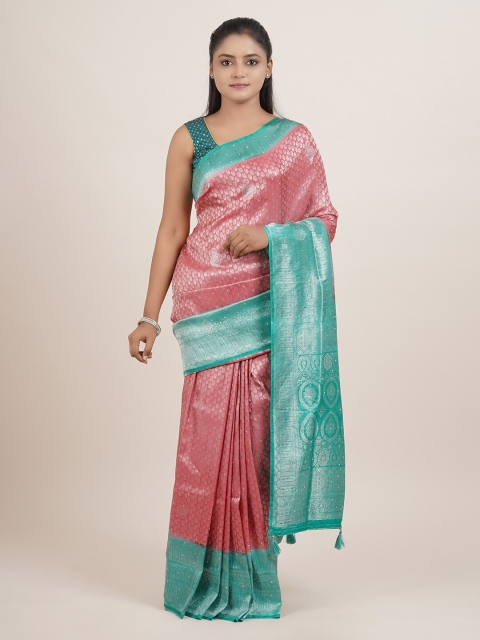 

Pothys Pink & Sea Green Paisley Sequinned Silk Blend Saree