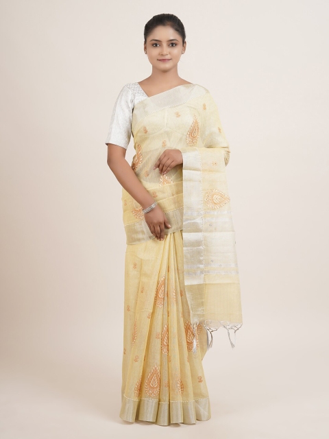 

Pothys Yellow & Silver-Toned Ethnic Motifs Beads & Stones Tissue Saree