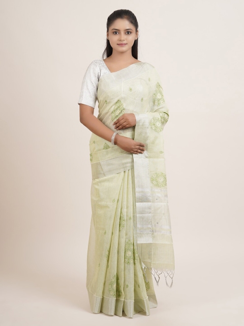 

Pothys Green & Silver-Coloured Ethnic Motifs Embroidered Tissue Saree