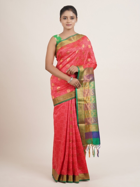 

Pothys Women Pink & Green Ethnic Motifs Woven Designed Saree