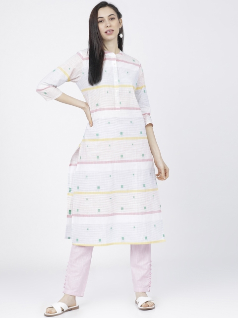 

Vishudh Women Off White & Pink Striped Kurta