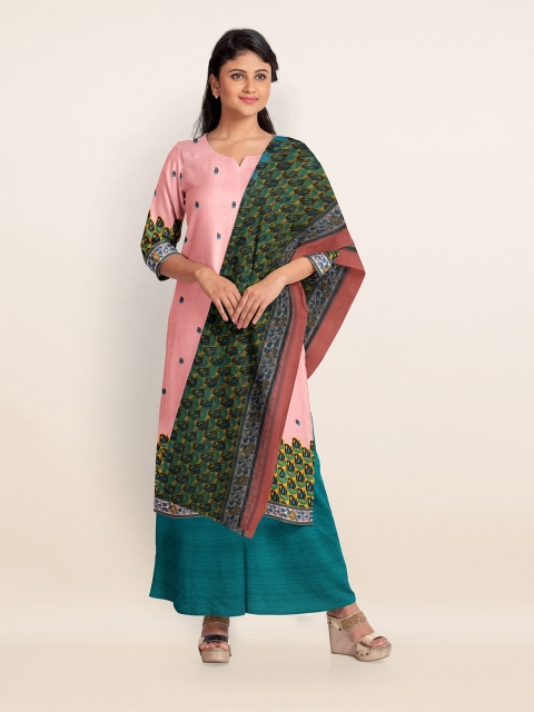 

Pothys Peach-Coloured & Green Printed Unstitched Dress Material