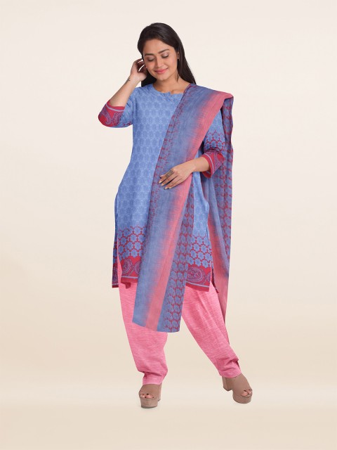 

Pothys Blue & Pink Printed Unstitched Dress Material