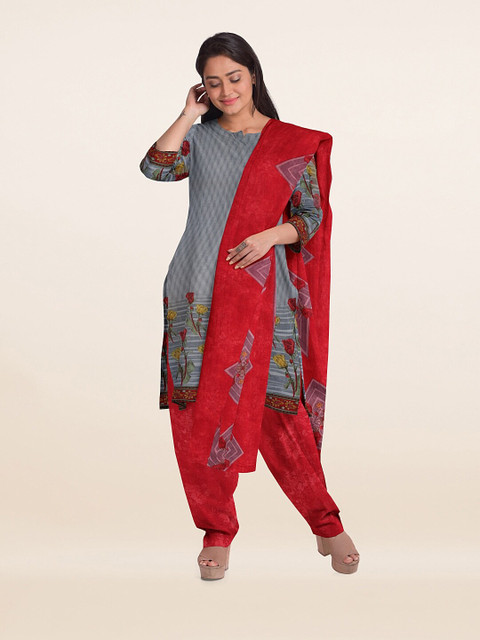 

Pothys Grey & Red Printed Unstitched Dress Material