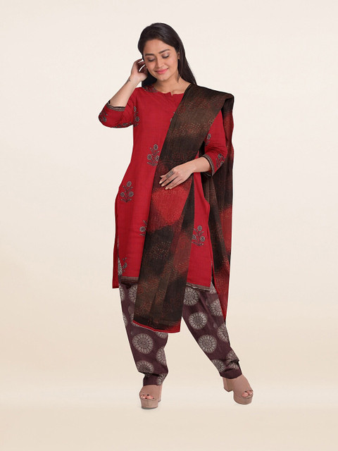 

Pothys Red & Burgundy Embroidered Unstitched Dress Material