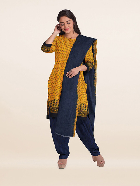 

Pothys Yellow & Navy Blue Printed Unstitched Dress Material