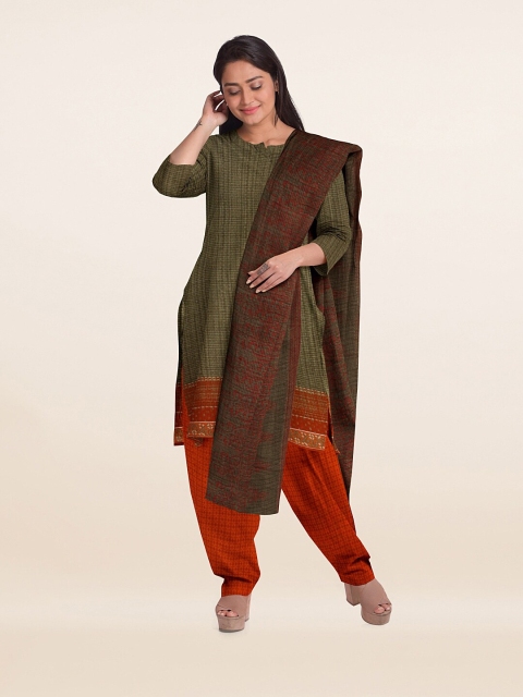 

Pothys Olive Green & Red Unstitched Dress Material