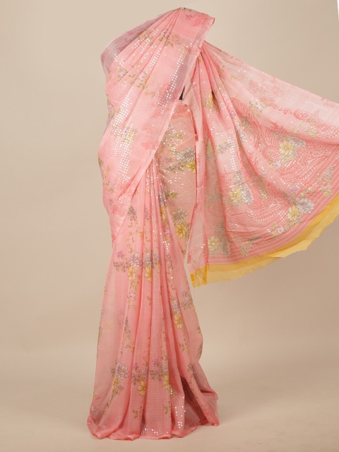 

Pothys Pink & Yellow Floral Sequinned Saree