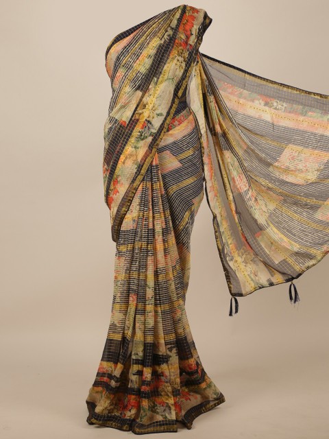 

Pothys Navy Blue & Yellow Floral Beads & Stones Saree