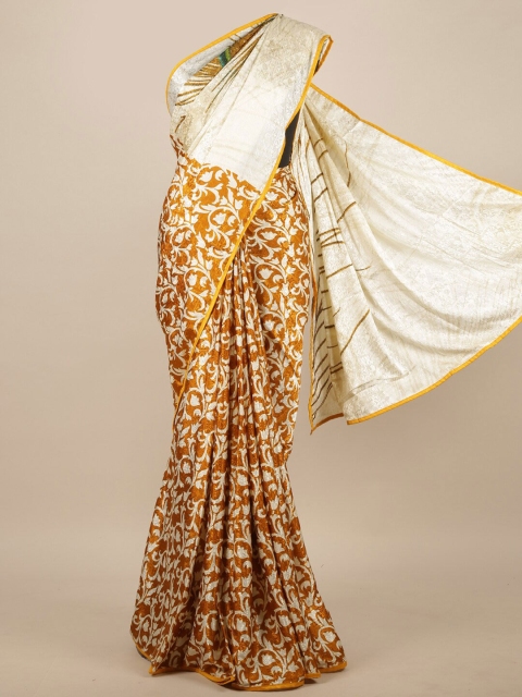 

Pothys Mustard Yellow & Cream-Coloured Floral Jacquard Printed Pure Crepe Saree