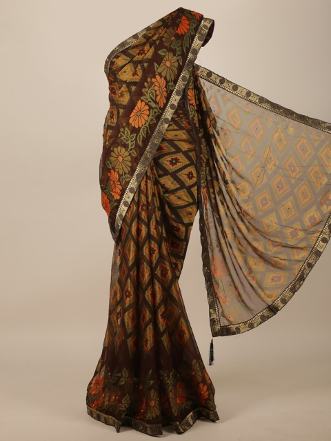 

Pothys Brown & Orange Beads and Stones Embellished Geometric Printed Saree