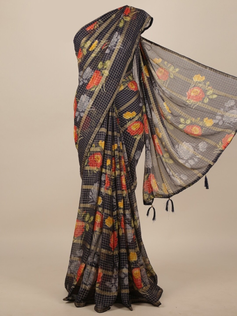 

Pothys Navy Blue Checked Printed Saree