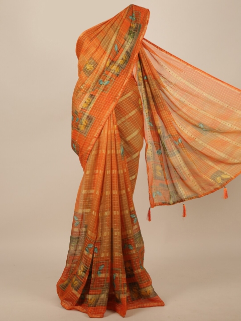 

Pothys Orange & Mustard Checked Woven Design Beads and Stones Details Saree