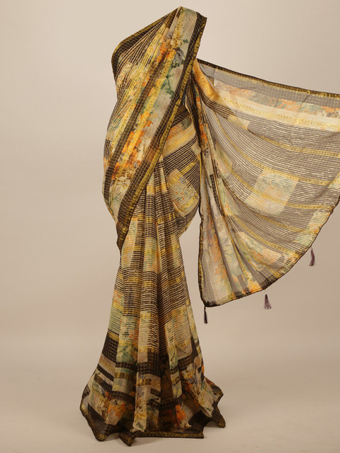 

Pothys Brown & Yellow Floral Printed Beads & Stones Saree