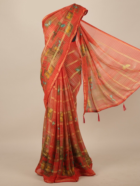 

Pothys Red & Yellow Floral Printed Beads & Stones Saree