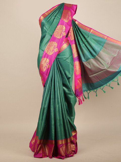 

Pothys Green & Gold-Toned Ethnic Motifs Zari Jute Silk Saree