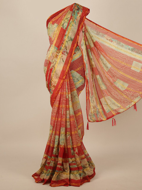 

Pothys Women Red Checked & Floral Printed Saree