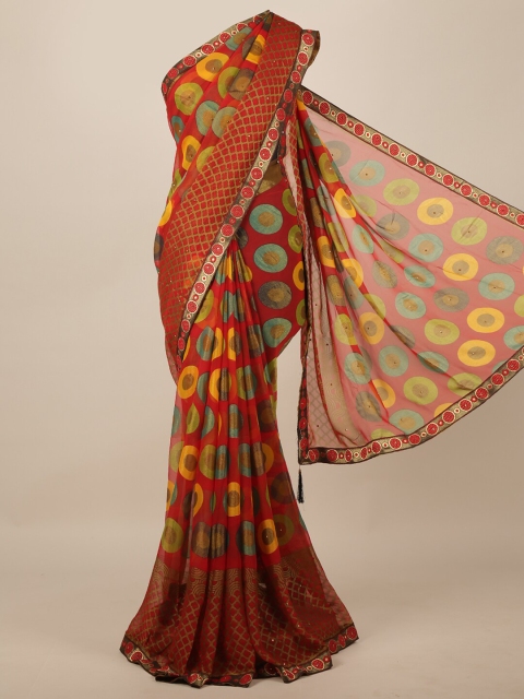 

Pothys Red & Green Printed Beads & Stones Saree