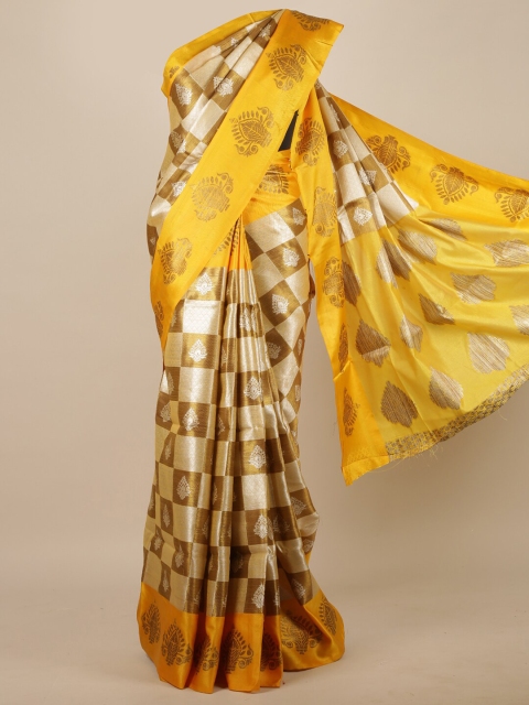 

Pothys Gold-Toned & Yellow Checked Jute Silk Saree