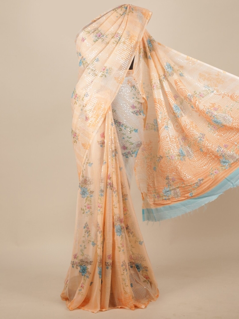 

Pothys Peach-Coloured & Blue Floral Printed Sequinned Saree
