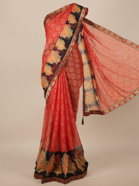 

Pothys Red & Yellow Floral Printed Beads & Stones Saree