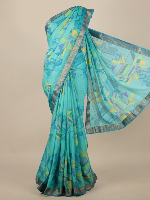 

Pothys Blue & Green Geometric Printed Zari Border Saree