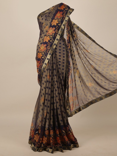 

Pothys Blue & Orange Floral Printed Zari Saree