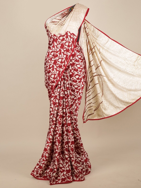 

Pothys Maroon & Cream-Coloured Paisley Pure Crepe Saree