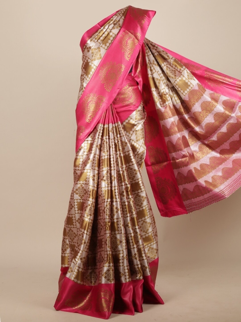 

Pothys Gold-Toned & Pink Ethnic Motifs Woven Design Zari Jute Silk Saree