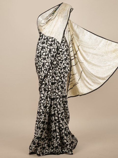 

Pothys Black & Cream-Coloured Paisley Pure Crepe Saree