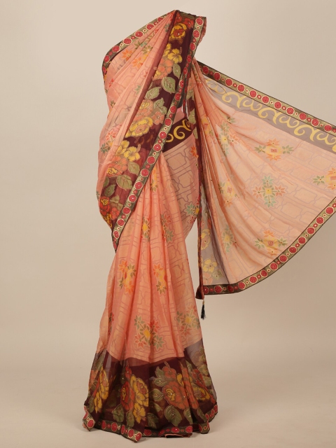 

Pothys Pink & Brown Floral Printed Beads and Stones Details Saree