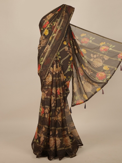 

Pothys Brown & Yellow Floral Beads and Stones Saree