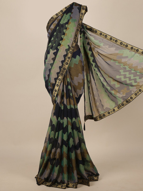 

Pothys Green & Olive Green Abstract Printed Beads & Stones Saree