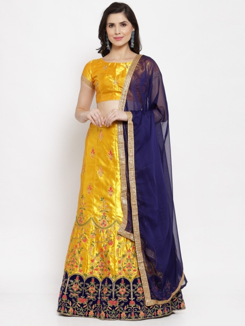 

Satrani Yellow & Navy Blue Embroidered Semi-Stitched Lehenga & Unstitched Blouse With Dupatta