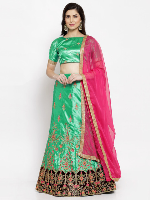 

Satrani Sea Green & Pink Embroidered Semi-Stitched Lehenga & Unstitched Blouse With Dupatta