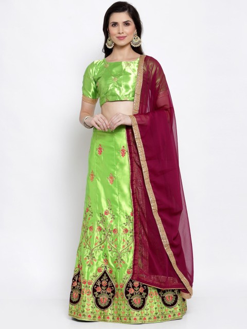

Satrani Green & Maroon Embroidered Semi-Stitched Lehenga & Unstitched Blouse With Dupatta