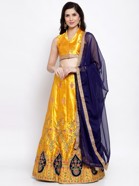

Satrani Yellow & Navy Blue Embroidered Semi-Stitched Lehenga & Unstitched Blouse With Dupatta