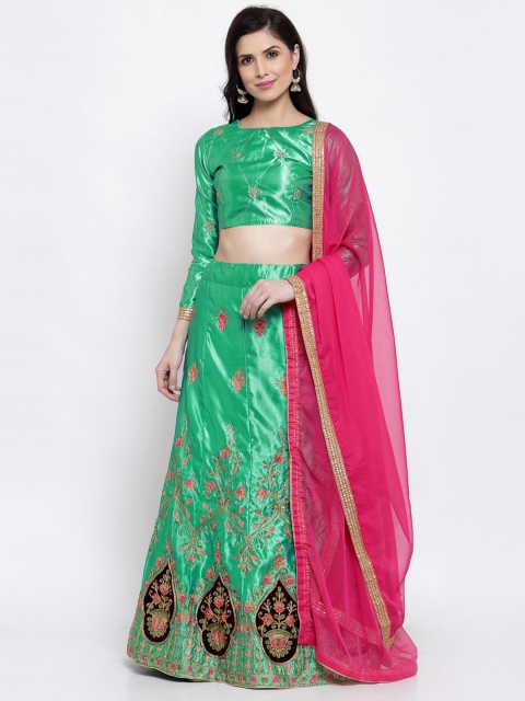 

Satrani Green & Pink Embroidered Semi-Stitched Lehenga & Unstitched Blouse With Dupatta