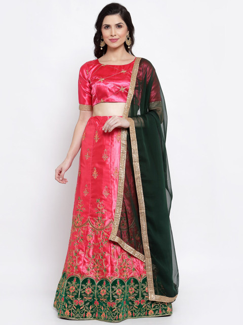 

Satrani Pink & Green Embroidered Semi-Stitched Lehenga & Unstitched Blouse With Dupatta