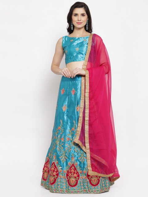 

Satrani Turquoise Blue & Pink Embroidered Semi-Stitched Lehenga & Unstitched Blouse With Dupatta