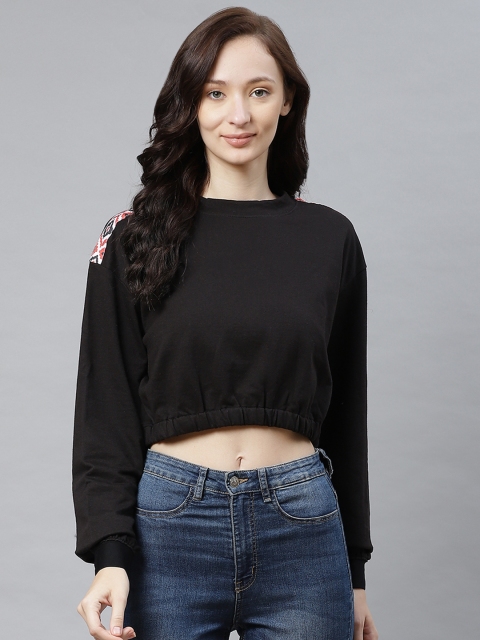 

Hubberholme Women Black Solid Crop Sweatshirt with Printed Detail