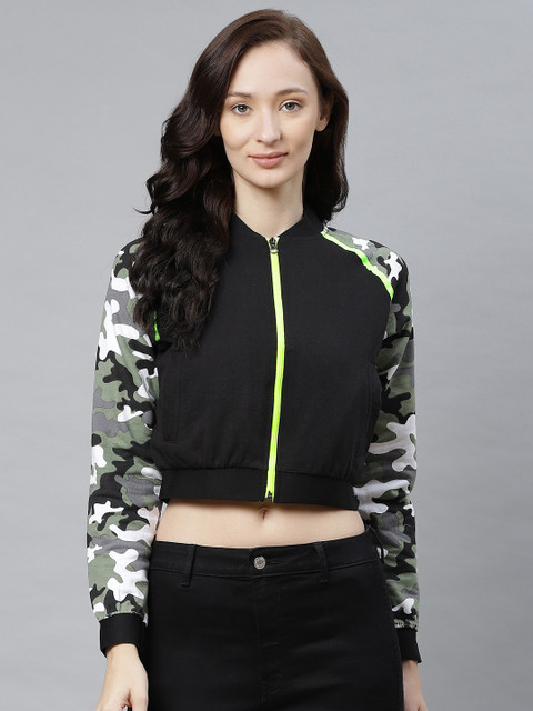 

Hubberholme Women Black & Olive Green Solid Crop Sweatshirt with Camouflage Print Detail