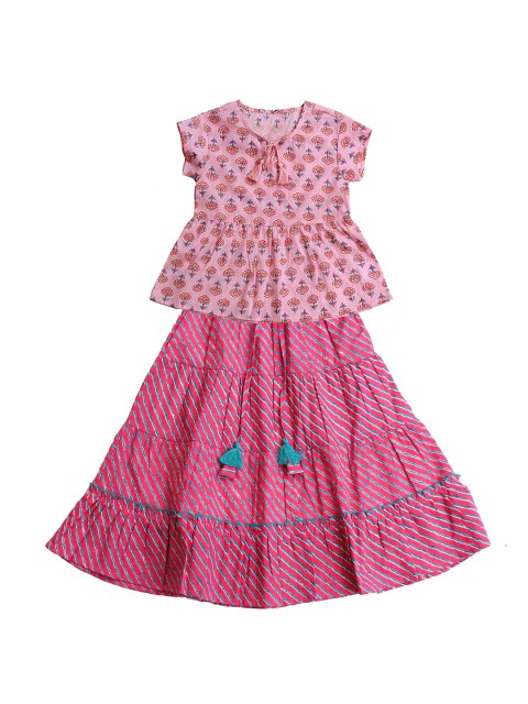 

YK Girls Pink Printed Ready to Wear Lehenga &