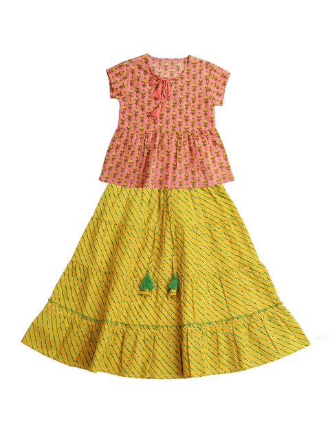 

YK Girls Yellow & Multicoloured Printed Ready to Wear Lehenga